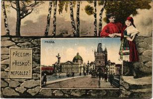 1920 Praha, Prague, Prága; Prelom Preskoc Nepodlez! / montage with traditional Czech couple, tower (EK)