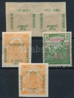Szeged 1919 5 db bélyeg, köztük gépszínátnyomat, hiányzó betű és szám a felülnyomatban, Bodor vizsgálójellel