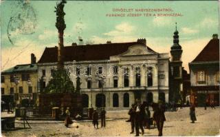 1909 Nagyszombat, Tyrnau, Trnava; Ferenc József tér a színházzal, Bauer Károly üzlete, piac, Szentháromság szobor. W.L. Bp. 695. / square, theater, shop, market, Holy Trinity statue (fa)