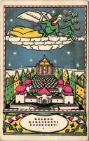 1928 Boldog Karácsonyi Ünnepeket! Nyomtatta és kiadja Kner Izidor, Gyoma / Hungarian Christmas art postcard s: Kozma + "BUDAPEST - NAGYKANIZSA 8." sz. vasúti mozgóposta bélyegző (EK)