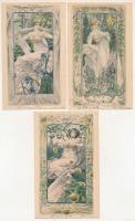 3 db régi finoman erotikus szecessziós művészlap Anton Pinkawa szignójával / 3 pre-1904 Art Nouveau gently erotic art postcards signed by Anton Pinkawa. M. M. Vienne Nr. 122.