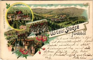1900 Stószfürdő, Stoósz-fürdő, Kúpele Stós; Dr. Czirfusz villa, látkép, Hungária nyaraló, Kompordai ház. Wlaszlovits Gusztáv No. 103. / villas, spa. Art Nouveau, floral, litho (vágott / cut)