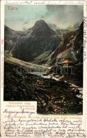 1905 Tátra, Tatry; Fehérpataki völgy, Zöld tó a Frigyes főherceg menházzal, Karbunkulustorony ködben. Feitzinger Ede 515. 1904/15. / Weisswasserthal, Grüner See, Der Karfunkelthurm im Nebel u. d. Erzh. Friedr. Schutzhaus / lake, rest house, mountain (EK)