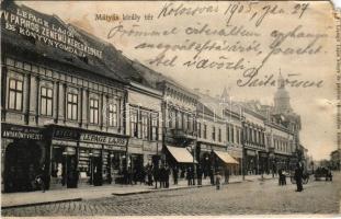 1905 Kolozsvár, Cluj; Mátyás király tér, Magyar Királyi Anyakönyvvezetőség, Stein S. és Társa, Egyed Márton, Kováts P. fiai, Lepage Lajos üzlete és saját kiadása / sqaure, shops (b)