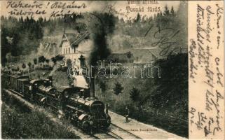 1904 Tusnádfürdő, Baile Tusnad; vasútállomás, gőzmozdony, vonat. Brunner Lajos kiadása / Bahnhof / railway station, locomotive, train (ázott / wet damage)