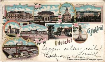 1899 Gyula, Megyeháza, Göndöcs kerti pavilon, Római katolikus templom, Gróf Wenckheim kastély, Óvár, Törvényszéki palota, múzeum, Erkel Ferenc szobra, Gyulai Cognac gyár és törkölyfőzde. Dobay János kiadása és tulajdona. Art Nouveau, floral, litho (EM)