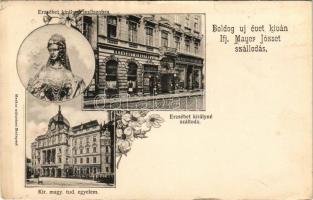 1902 Budapest V. Erzsébet királyné szálloda, Erzsébet királyné (Sisi) mellszobra, Kir. magy. tud. egyetem, ifj. Mayer József szállodás újévi üdvözlete. Merkur műintézet Budapest. Art Nouveau, floral (EB)