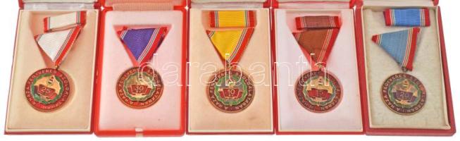 1965. "Szolgálati Érdemérem - A Haza Fegyveres Szolgálatában" 10, 15, 20, 25 és 30 év után műgyantás bronz kitüntetések mellszalagon, szalagsávval, eredeti tokban (5xklf) T:AU-VF, zománchiba