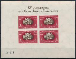 1950 UPU blokk vágott (180.000) ferdén vágva, a bélyegképek jobb oldalon 2 mm-rel feljebb vannak, mint a bal oldalon. (ujjlenyomat, felül tűhegynyi hiány / fingerprint, minor fault above)