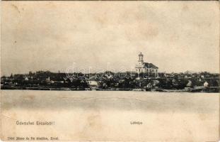 Ercsi, látkép, templom, Szigetújfalu-Ercsi rév. Déri János és fia kiadása (gyűrődés / crease)