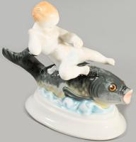 Herendi halon lovagló puttó, kézzel festett, jelzett, hibátlan, 14,5x12 cm