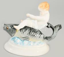 Herendi halon lovagló puttó, kézzel festett, jelzett, hibátlan, 14,5x12 cm