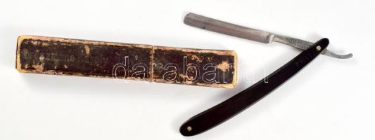 Régi magyar borotva, jelzett: Dreszmann Károly Budapest, eredeti, viseltes tokjában, kinyitva: 23,5 cm