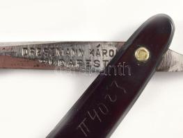 Régi magyar borotva, jelzett: Dreszmann Károly Budapest, eredeti, viseltes tokjában, kinyitva: 23,5 ...