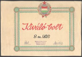 cca 1960-1970 "Kiváló bolt" oklevél, Kádár-címeres grafikával, 21x30 cm