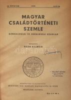 1943 Magyar családtörténeti szemle IX. évf. 1-12. szám. Teljes évfolyam. Genealógiai és heraldikai szaklap. Szerk.: Baán Kálmán. Veszprém, Egyházmegyei Könyvnyomda, 290 p.+52 t. Átkötött félvászon-kötés, kopott borítóval, sérült gerinccel, foltos lapélekkel, egy táblán sérüléssel.