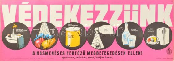 1971 Védekezzünk a hasmenéses fertőző megbetegedések ellen! Egészségügyi felvilágosító plakát, papír, Zrínyi Nyomda, lapszéli szakadással, 24x67 cm