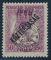Nagyvárad 1919 Zita/Köztársaság 50f fordított felülnyomatta, Bodor vizsgálójellel
