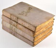 Dömötör N. Pál: A szép munkásleány, vagy egy nagyváros titkai. 1-105. füzetek. (4 kötetben.) Nem teljes: 123. füzetben és 1968 oldalban teljes! Bp., é.n., Rubinstein I. utóda, 1712 p. Egészvászon-kötésben, megviselt állapotban, helyenként foltos, sérült és hiányos lapokkal.