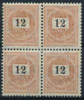 1889 12kr négyestömb 12 :11 3/4 fogazással, a jobb felső bélyegnél a korona kereszt "folytatódik", ritka lemezhiba! RR! (40.000++) (gumihiba / gum disturbance)