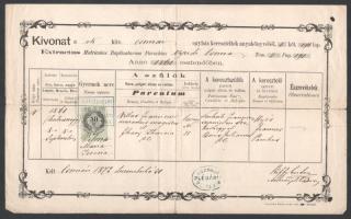 cca 1871 - 1911 Vegyes különféle papírrégiség tétel, közte keresztlevelek, nyilatkozat...stb., 7 db 50 kr., 2 db 25 kr, és 2 db 2K., 20 ft, 10 ft, és 5 ft. okmánybélyegekkel, összesen: 7 db okmány.