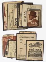 cca 1920-1930 Vegyes reklám tétel: reklámlapok, újságkivágások kartonra kasírozva, közte Váncza, Tungsram, Szent István kávé, stb., összesen 30 db