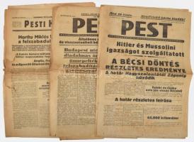 Vegyes újság tétel, 4 db, benne a visszatért Kárpátalja, Erdély, Délvidék, a bécsi döntések híreivel, közte 2 hiányos, és szakadt, foltos is, Pesti Hírlap 1939. márc. 19., Pest 1940. aug. 8., 30., 1941. máj. 6.