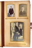 cca 1880-1900 Régi családi fotóalbum 38 db vegyes méretű fotókkal, szecessziós dombornyomott bőr kötés, fém verettel, csattal