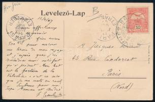 1907 Képeslap GYIMES - BRASSÓ vasúti bélyegzéssel Párizsba