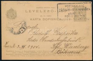 1901 Díjjegyes levelezőlap ZÁGRÁB - STEINBRÜCK postakalauz bélyegzéssel Csehországba