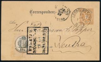 1883 Díjjegyes levelezőlap Ausztriából okmánybélyeges nyitrai bírósági felhasználással