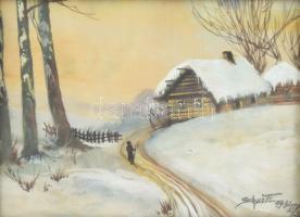 Schwott L jelzéssel (Schwott Lajos?): Hazafelé. Akvarell, selyem. Üvegezett fakeretben. 25x33 cm