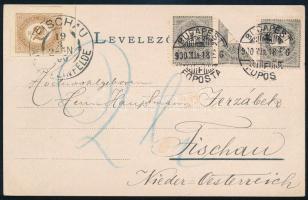 1900.márc.18. Képeslap 2 db 1kr + felezett 1kr tarifahelyes bérmentesítéssel, az osztrák posta nem fogadta el, 2 Heller-el megportózták