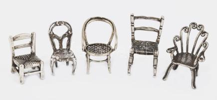 5 darab ezüst (Ag) szék miniatúra, klf kivitelben, zömmel jelzett, nettó 27g