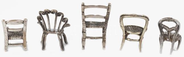 5 darab ezüst (Ag) szék miniatúra, klf kivitelben, zömmel jelzett, nettó 27g