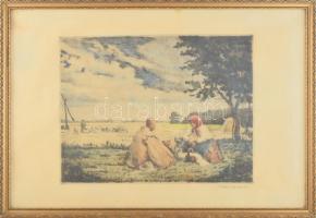 Axaméthy Gyula (1890-): Déli harangszó. Színezett rézkarc, papír. Jelzett. Üvegezett fakeretben. 29,5x38 cm