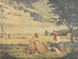 Axaméthy Gyula (1890-): Déli harangszó. Színezett rézkarc, papír. Jelzett. Üvegezett fakeretben. 29,...