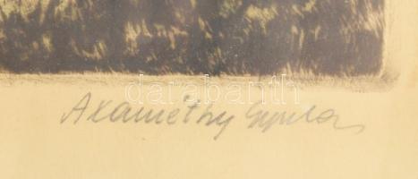 Axaméthy Gyula (1890-): Déli harangszó. Színezett rézkarc, papír. Jelzett. Üvegezett fakeretben. 29,...