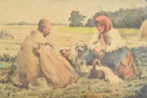 Axaméthy Gyula (1890-): Déli harangszó. Színezett rézkarc, papír. Jelzett. Üvegezett fakeretben. 29,...