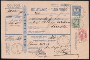 1878.aug.27. Magyar-olasz nyelvű postautalvány 5kr + 20kr díjkiegészítéssel "FIUME" - "TRIEST" nagyon szép és ritka darab!! RRR!
