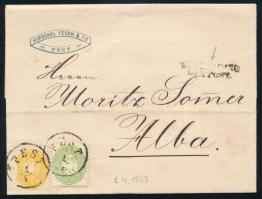 1867 Hiányos 2kr + 3kr levélen "PEST" + "NACH ABGANG DER POST" - "ALBA", 1867 2kr (incomplete) + 3kr on cover "PEST" + "NACH ABGANG DER POST" - "ALBA"