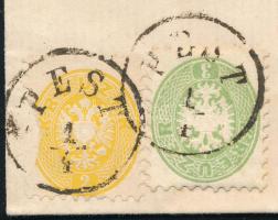 1867 2kr (incomplete) + 3kr on cover "PEST" + "NACH ABGANG DER POST" - "ALB...
