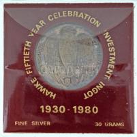 Ausztrália 1980. "The House of Hawke" kétoldalas, jelzett Ag emlékérem eredeti "Hawke fiftieth year celebration investment ingot - 1930-1980" feliratú szivacs tartóban, műanyag fóliatokban (30,33g/0.999/40mm) T:AU (eredetileg PP) patina Australia 1980. "The House of Hawke" double-sided, marked Ag medallion in original "Hawke fiftieth year celebration investment ingot - 1930-1980" sponge holder, plastic foil case (30,33g/0.999/40mm) C:AU (originally PP) patina