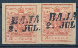 1850 2 x 3kr HP III with plate flaws on the right side stamp, nice colour, "BAJA", 1850 2 x 3kr HP III lemezhibák a jobb oldali bélyegen, szép szín "BAJA"