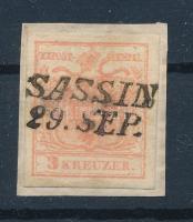 1850 3kr MP III with plate flaw "SASSIN", 1850 3kr MP III lemezhiba a koronánál "SASSIN"