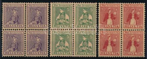 Svájc 1917 Mi 133-135 négyestömbök (Mi EUR 180,-) (az alsó bélyegek postatiszták)