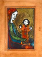 Jelzés nélkül: Anya, gyermekével. Tűzzománc, rézlemez, fa keretben 13x20 cm, 22x30 cm