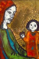 Jelzés nélkül: Anya, gyermekével. Tűzzománc, rézlemez, fa keretben 13x20 cm, 22x30 cm