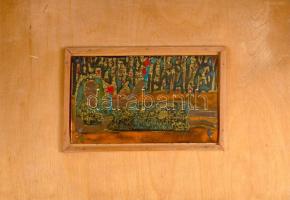 Jelzés nélkül: Leány, pipacssal. Tűzzománc, rézlemez, fa keretben 21x12 cm,40x27 cm