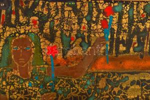 Jelzés nélkül: Leány, pipacssal. Tűzzománc, rézlemez, fa keretben 21x12 cm,40x27 cm